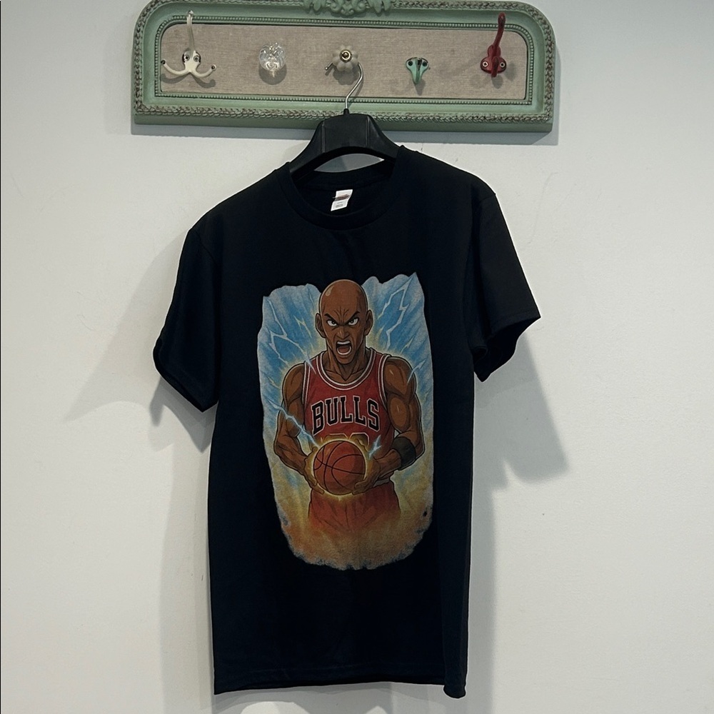 Anime Jordan Bulls Chicago Black Graphic T-Shirt with Basketball Design small